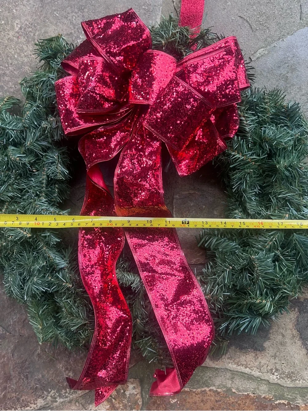 Festive Red Glitter Bow Wreath Accent